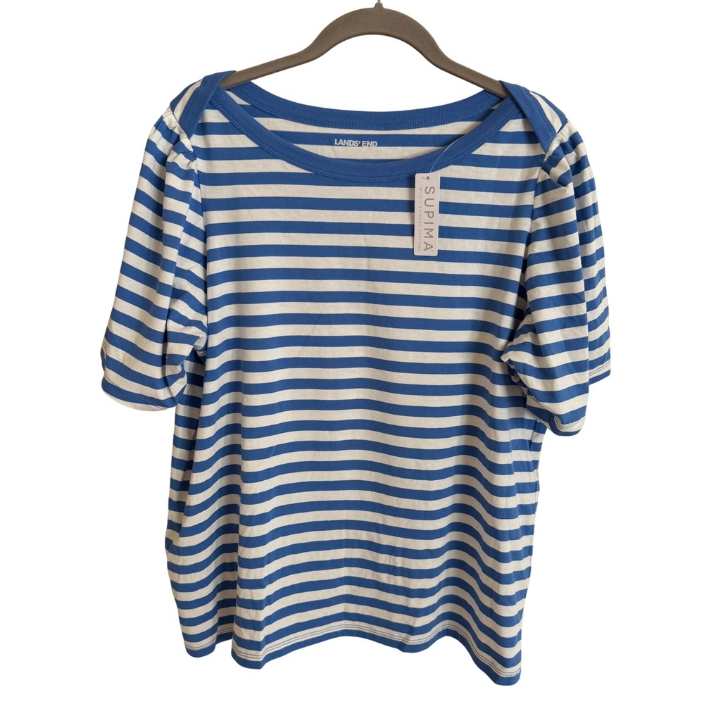 NWT Lands End Blue Striped Supima Cotton Puff Sleeve‎ Boat Neck Top Large 14-16